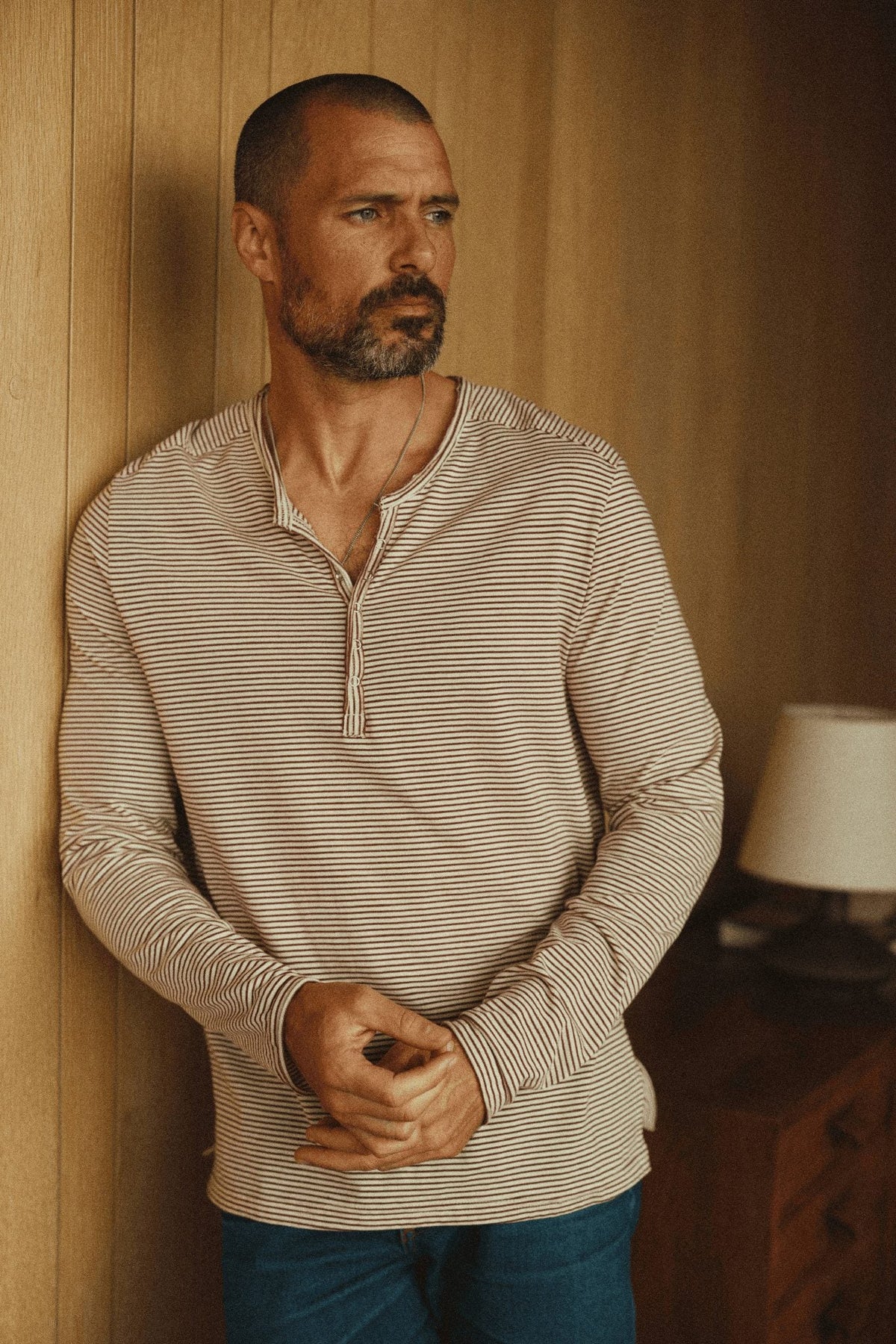 Men's cotton long sleeve henley shirt with button placket