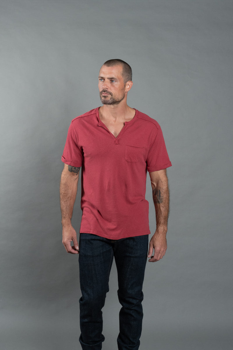 Men's Linen Blend Raw Edge Split V-Neck Tee