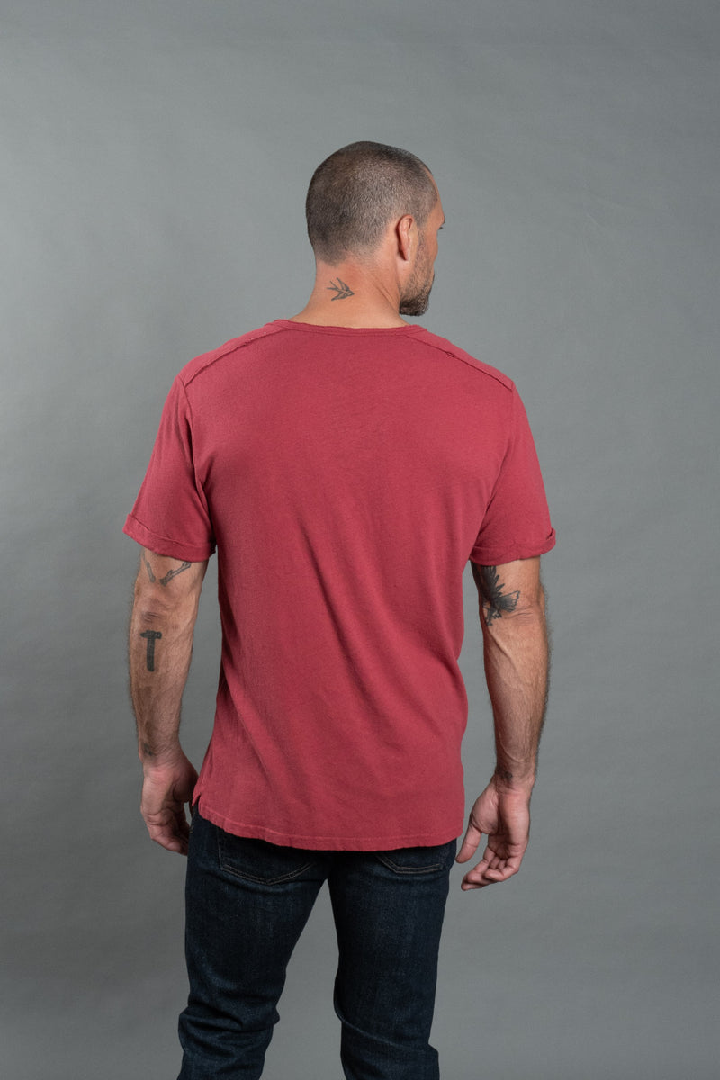 Men's Linen Blend Raw Edge Split V-Neck Tee