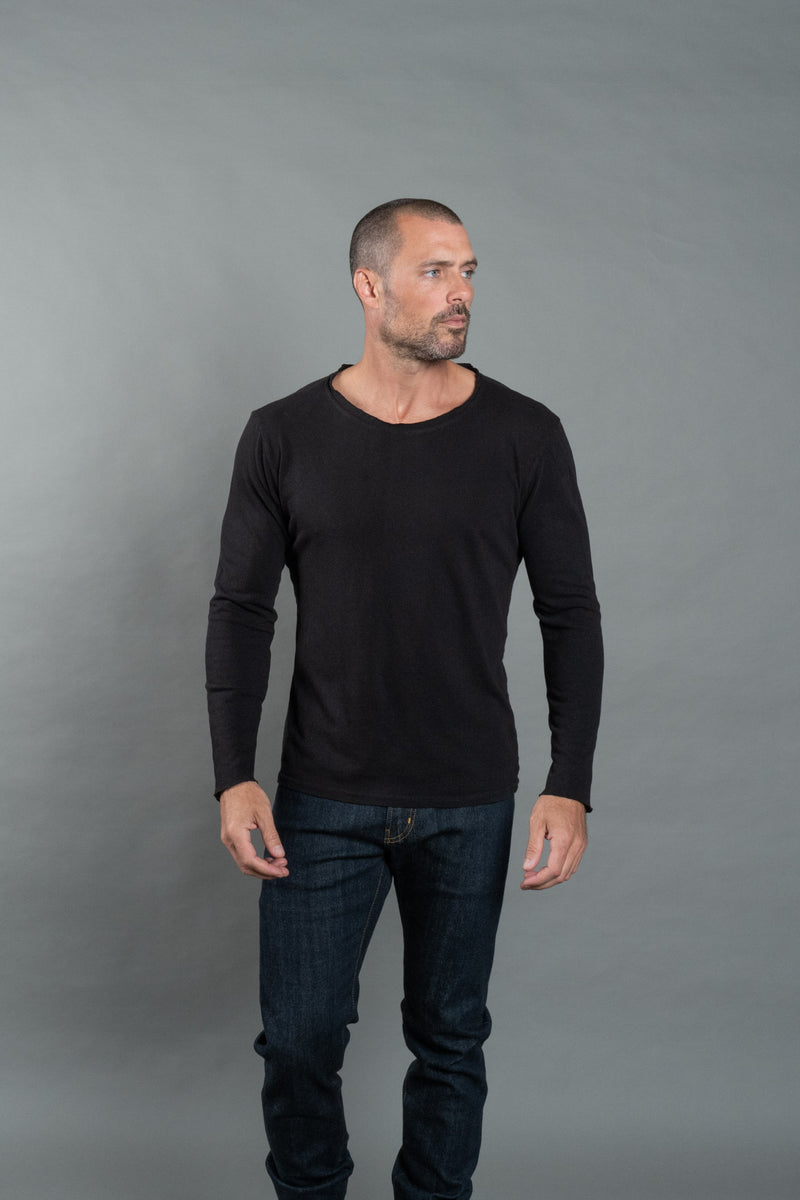 Men's Wallace Raw Neck Cotton Linen Long Sleeve Crew Tee