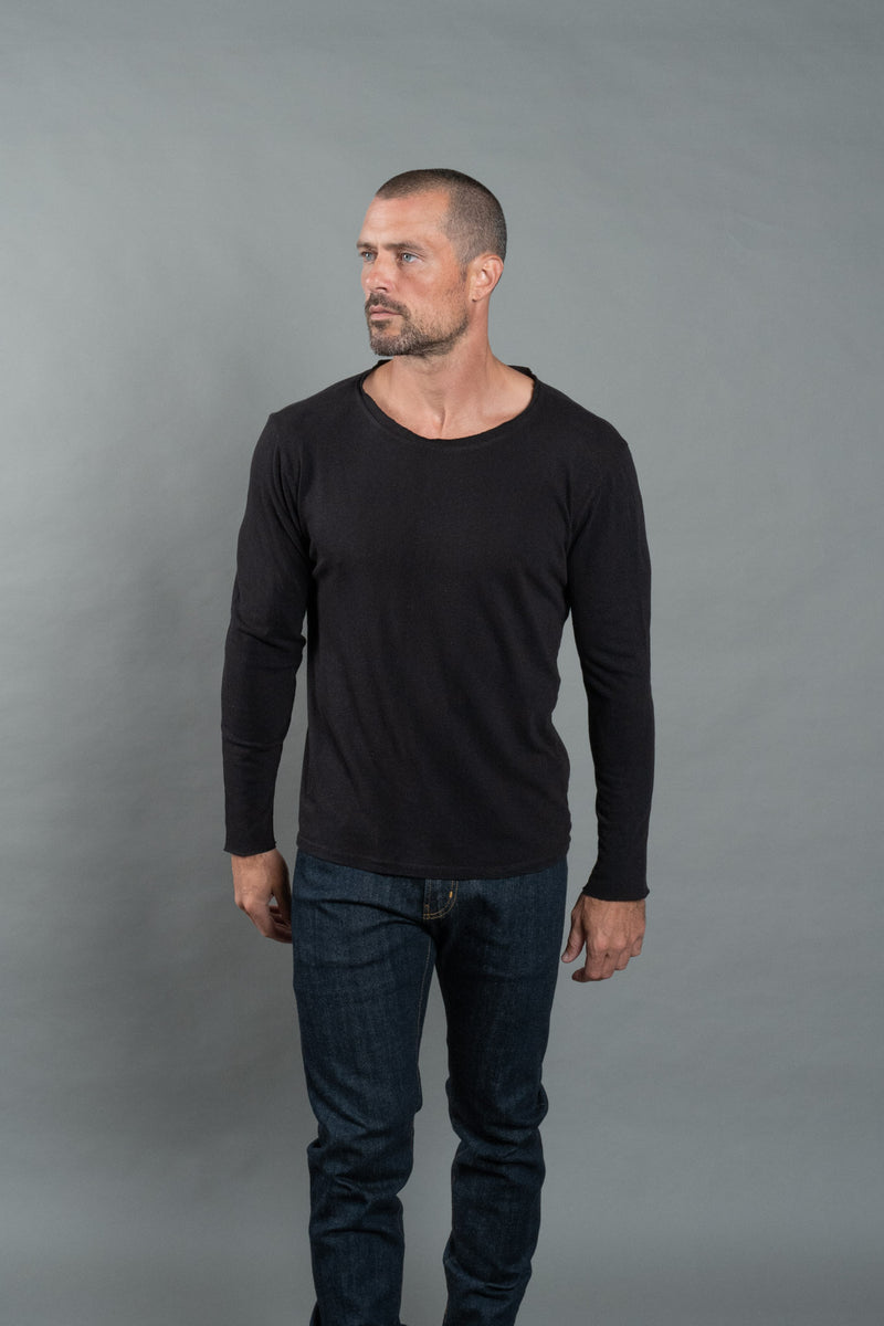 Men's Wallace Raw Neck Cotton Linen Long Sleeve Crew Tee