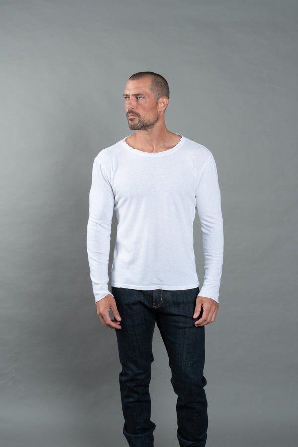 Men's Wallace Raw Neck Cotton Linen Long Sleeve Crew Tee