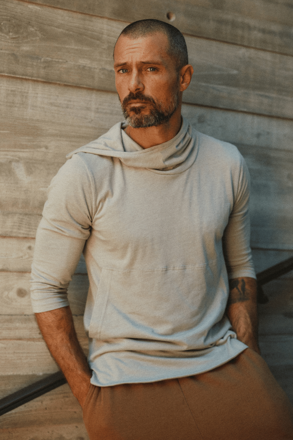 Men's 3/4 Sleeve Cowl Neck Visor Hoodie