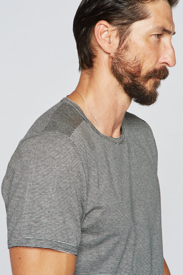Men's Raw Edge Patch Sleeve Stripe Tee - Black / White Mini Stripe