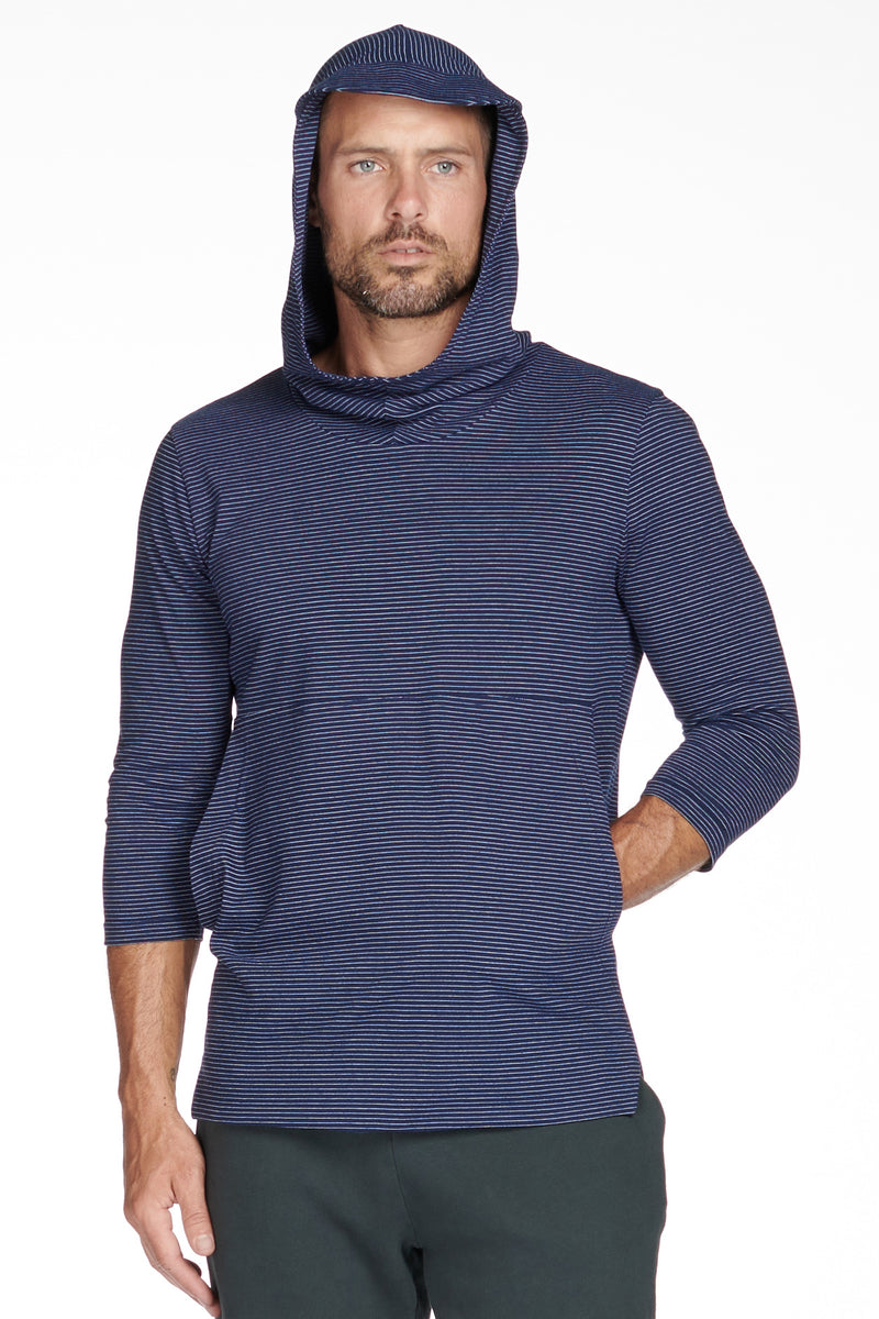 Men's 3/4 Sleeve Cowl Neck Visor Stripe Hoodie