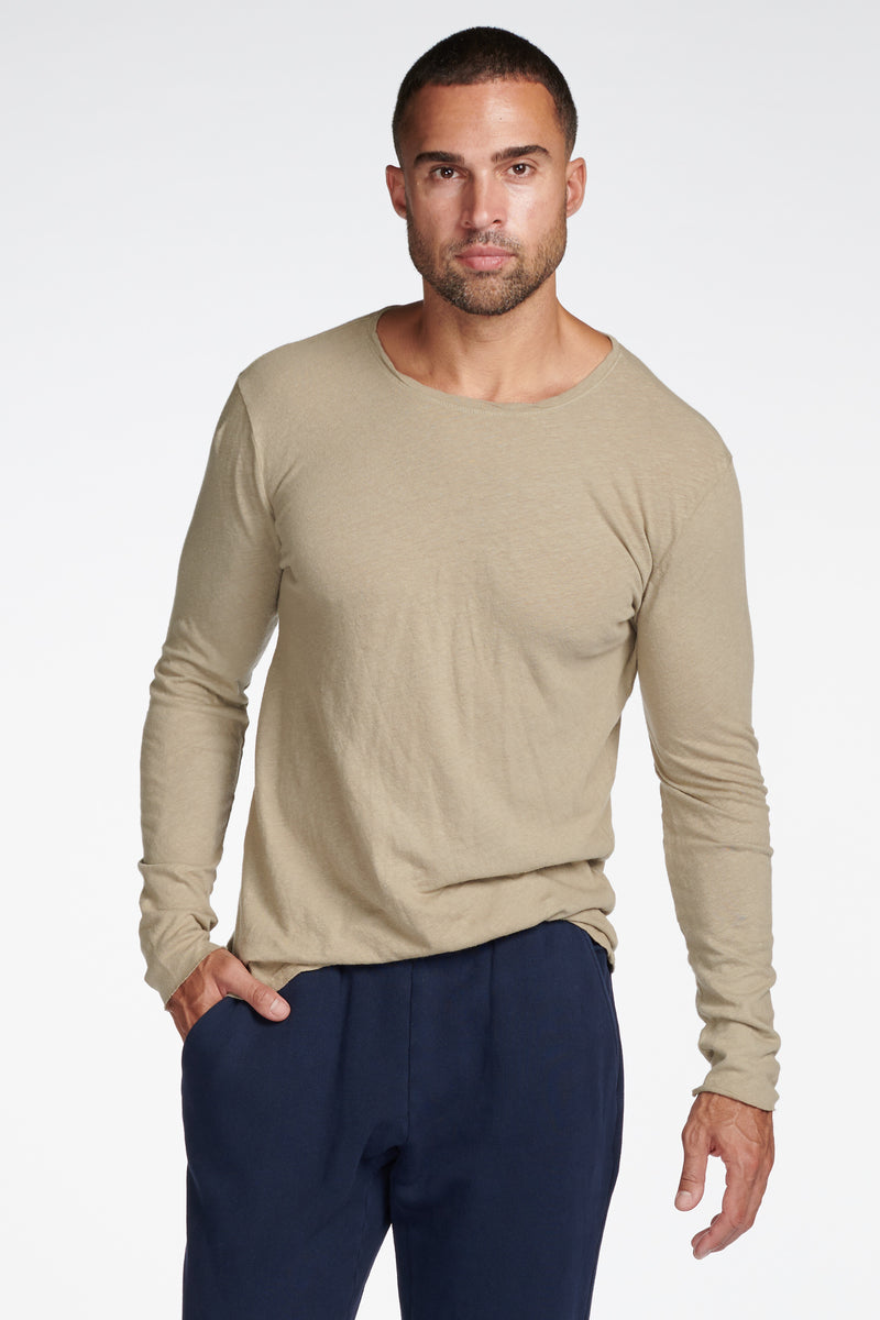 Men's Linen Blend Crew Neck Long Sleeve