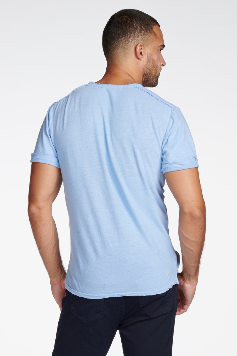 Men's Linen Blend Raw Edge Split V-Neck Tee