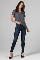 Women's Linen Blend Cross V Neck Tee - Grey - view 3