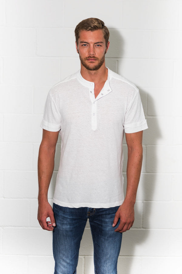 Men's Cotton Linen Snap-Up Mock Neck Tee