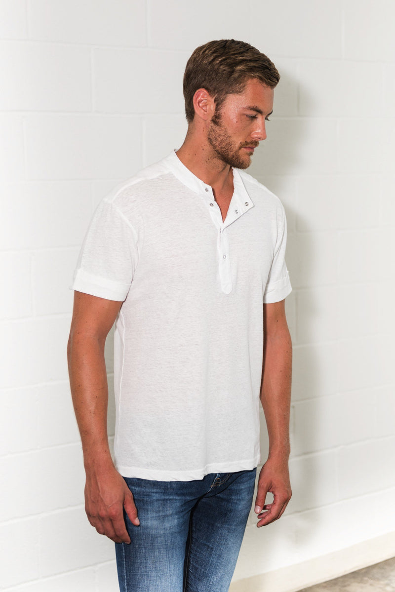 Men's Cotton Linen Snap-Up Mock Neck Tee — White