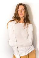 Women's Linen Blend Wide Cuff Long Sleeve Tee - White