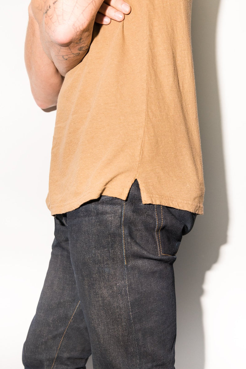 Men's Linen Blend Raw Edge Split V-Neck Tee