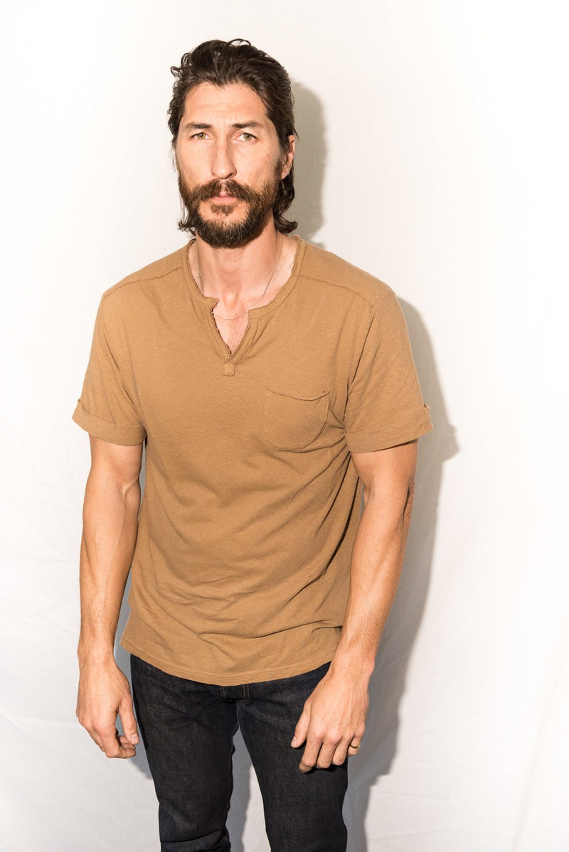 Men's Linen Blend Raw Edge Split V-Neck Tee