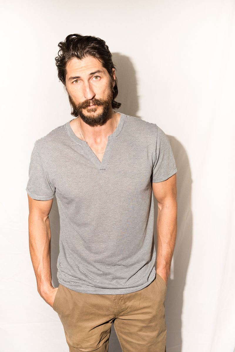 Men's Jersey Cross V-Neck Tee - Grey White Stripe — Grey White Stripe