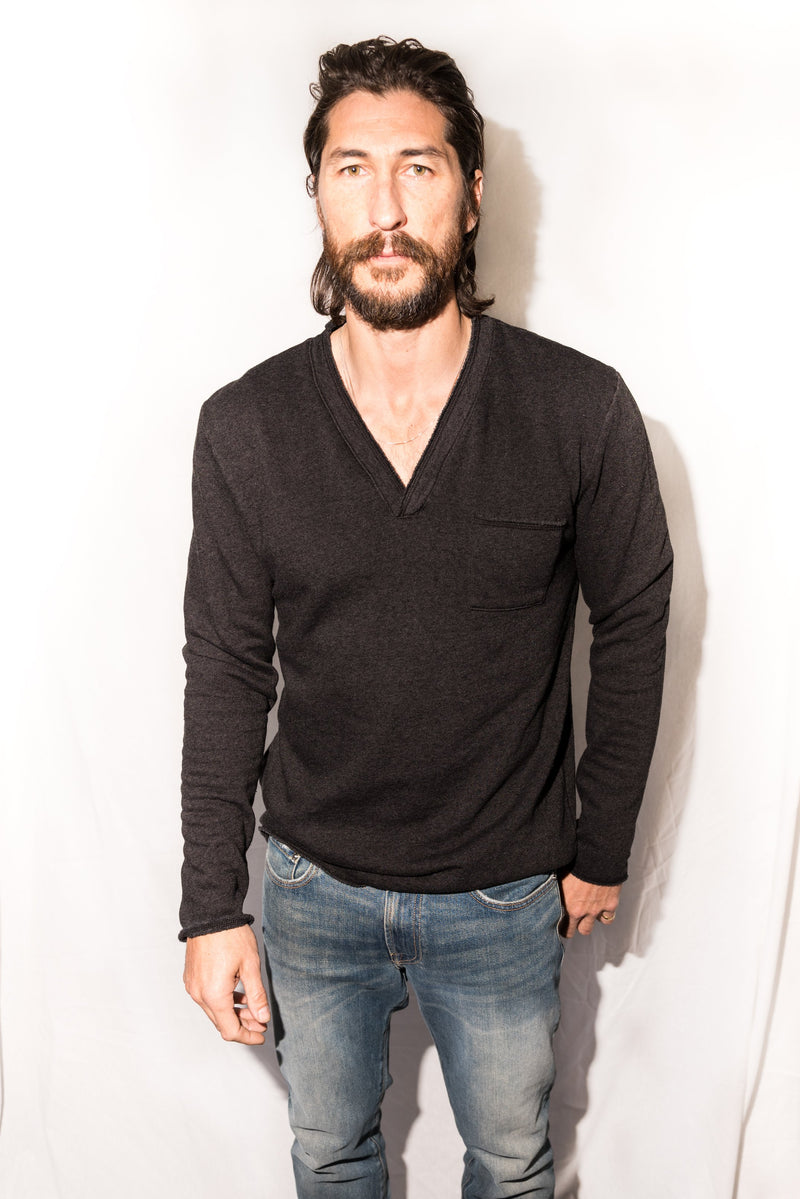 Men's French Terry Raw Neck Pocket Sweater — Black