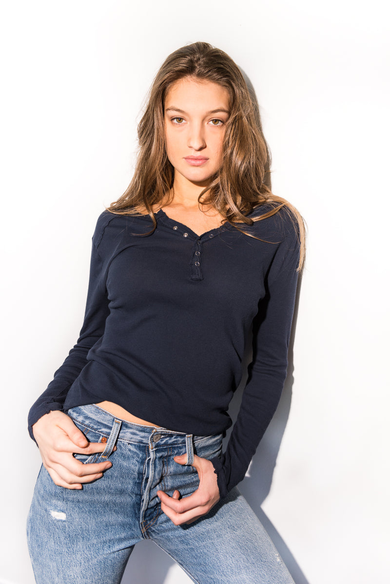 WOMEN'S HENLEY LONG SLEEVE RIB SHIRT - NAVY — NAVY