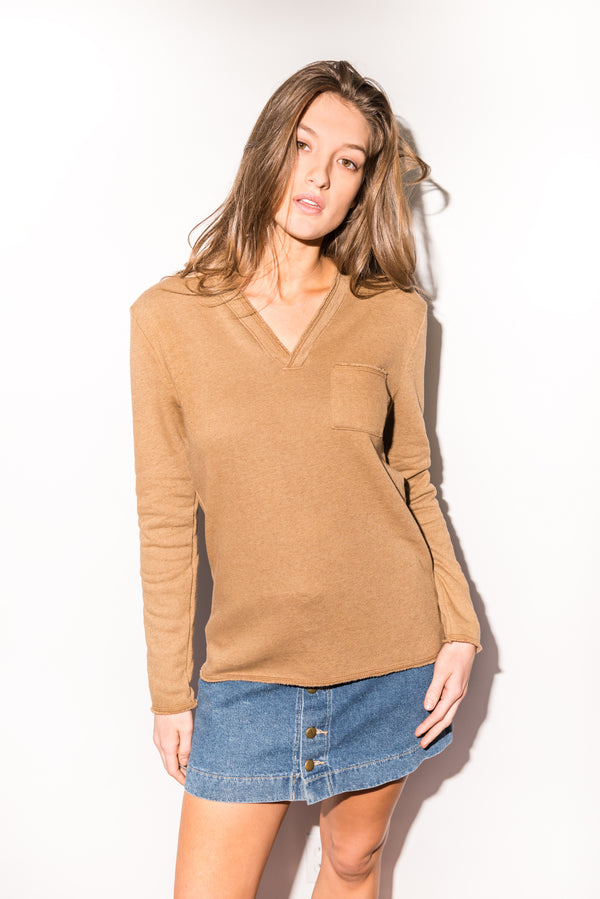 Women's French Terry Raw Neck Pocket Sweater - Camel