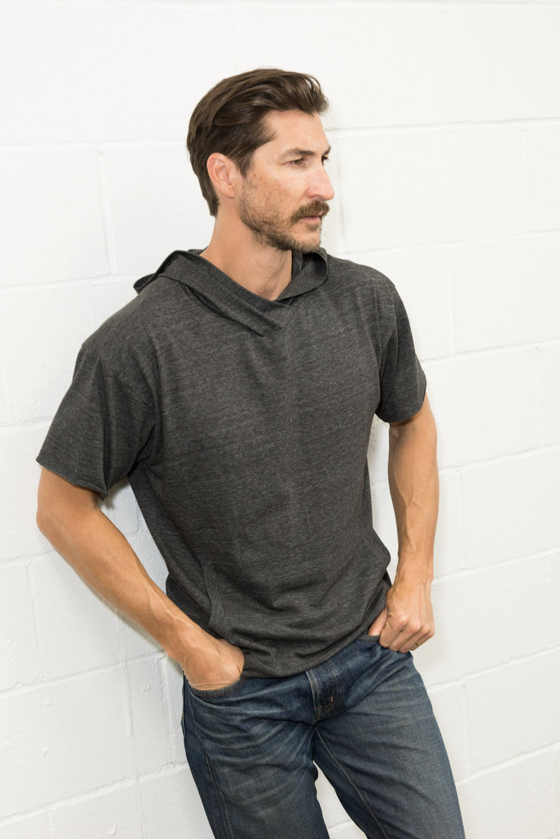 Men's Jersey Tee Kangaroo Pocket Hoodie — Charcoal Black