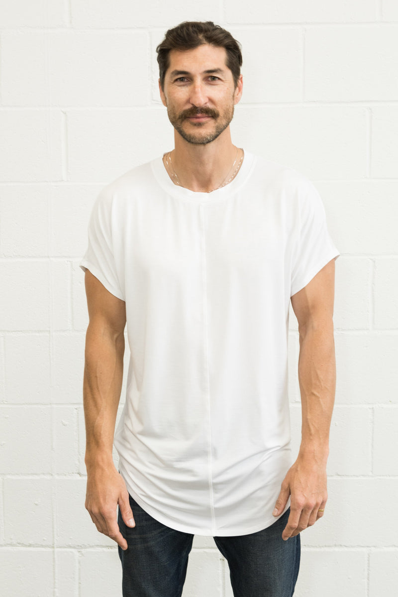 Men's Modal Center Stitch Curved Bottom Crew Neck Tee — White