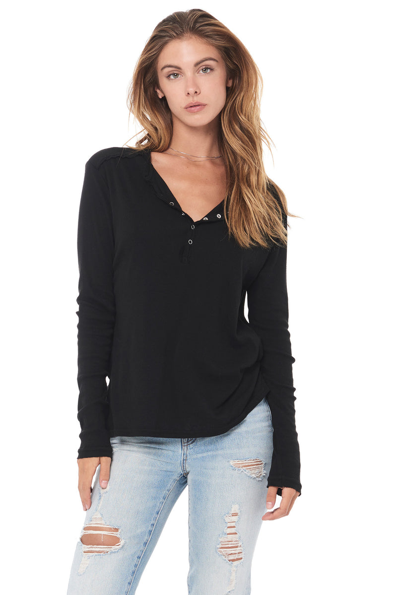 WOMEN'S HENLEY LONG SLEEVE RIB SHIRT - BLACK — BLACK