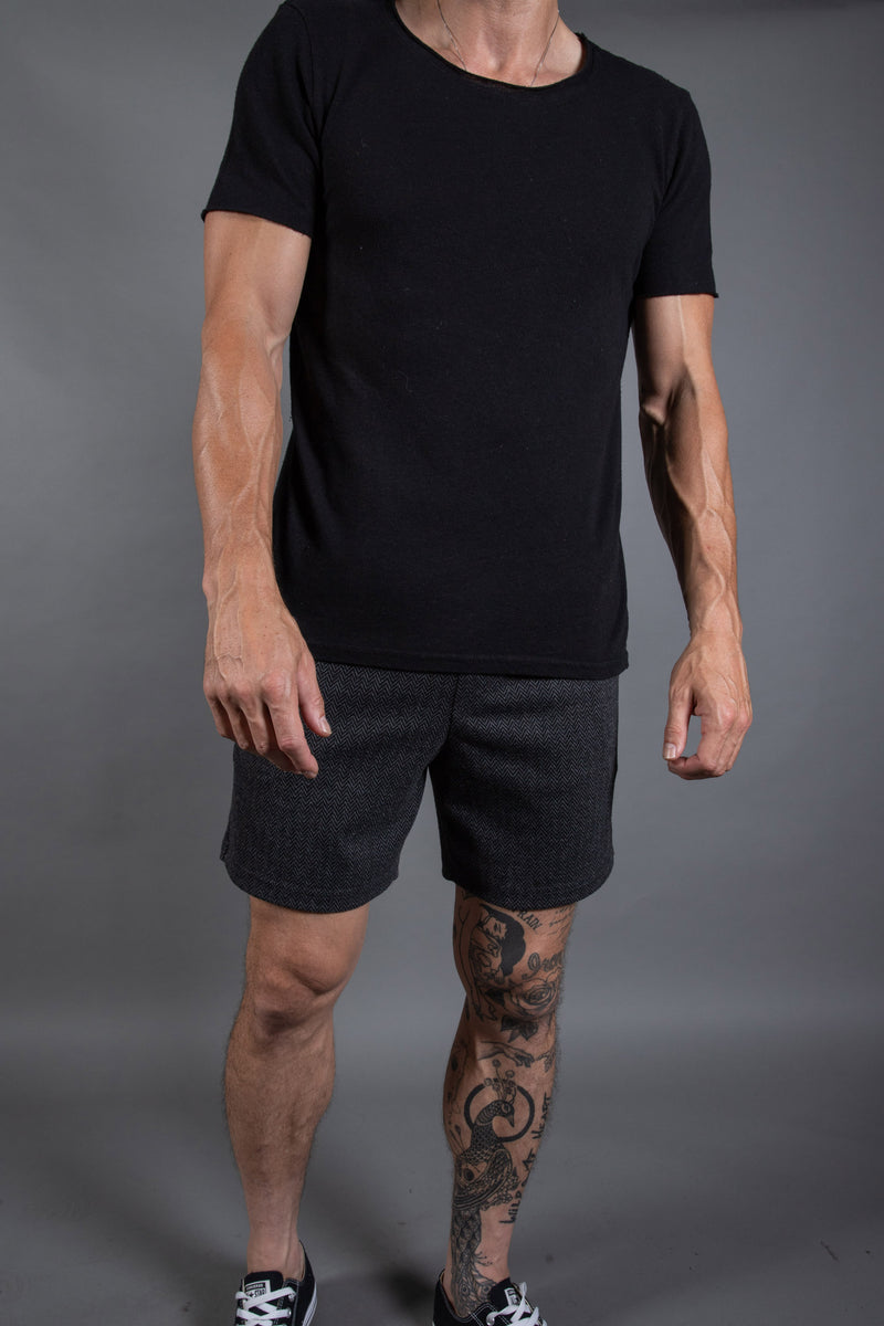 Spencer Herringbone Elastic Band Short — Black/Grey Herringbone