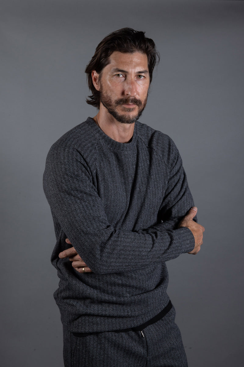 Spencer Herringbone Pullover Sweater — Black/Light Grey Herringbone