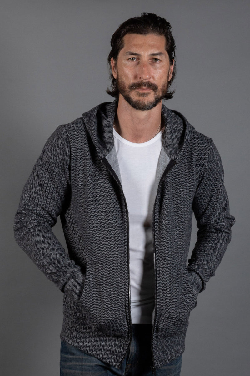 Westin Herringbone Zip Front Hoodie — White/Light Grey Herringbone