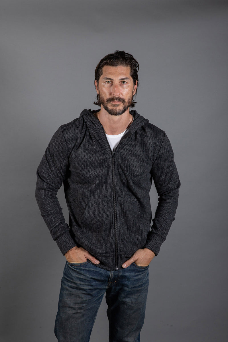 Spencer Herringbone Zip Front Hoodie — Black/Grey Herringbone