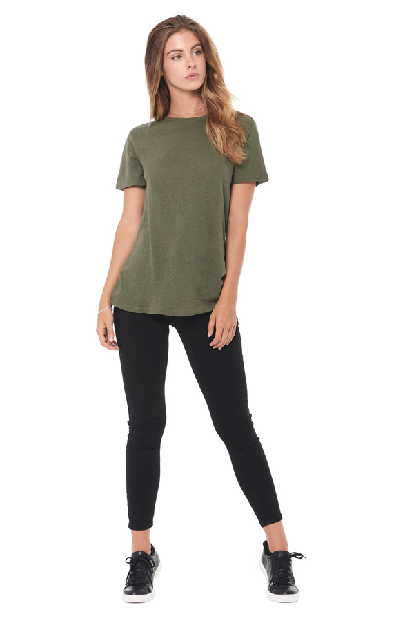 WOMEN'S LINEN BLEND CREW NECK TEE - ARMY
