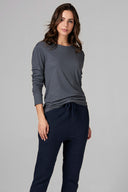 Women's Linen Blend Crew Neck Long Sleeve Shirt - Grey