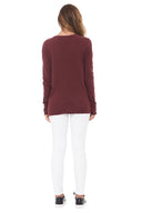 Women's Linen Blend Crew Neck Long Sleeve Shirt - Maroon - view 2