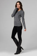 Women's Melange Knit V-Neck Pullover Sweatshirt - Black - view 2