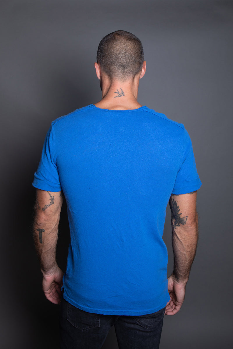 Men's Linen Blend Raw Edge Split V-Neck Tee