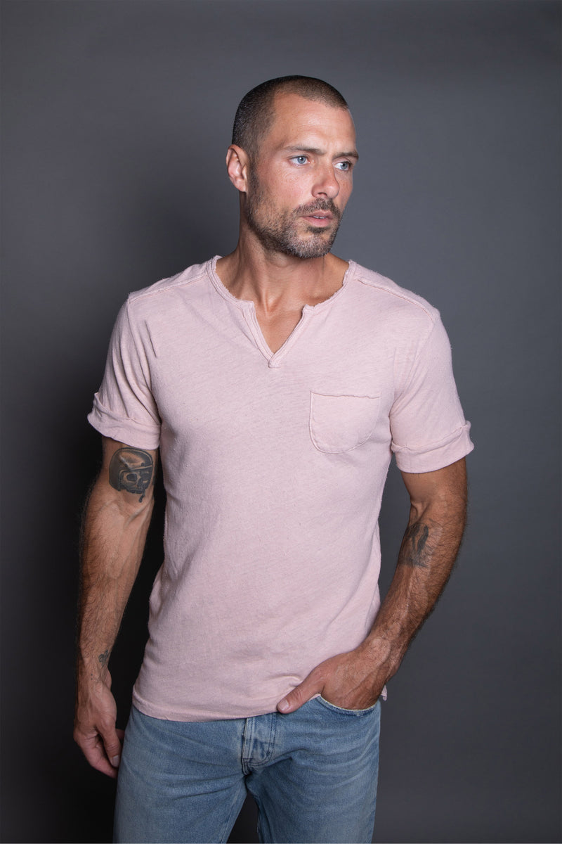 Men's Linen Blend Raw Edge Split V-Neck Tee