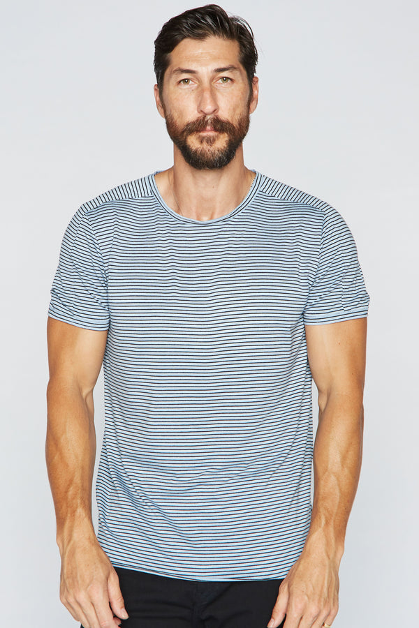 Men's Raw Edge Patch Sleeve Stripe Tee - Blue / Black