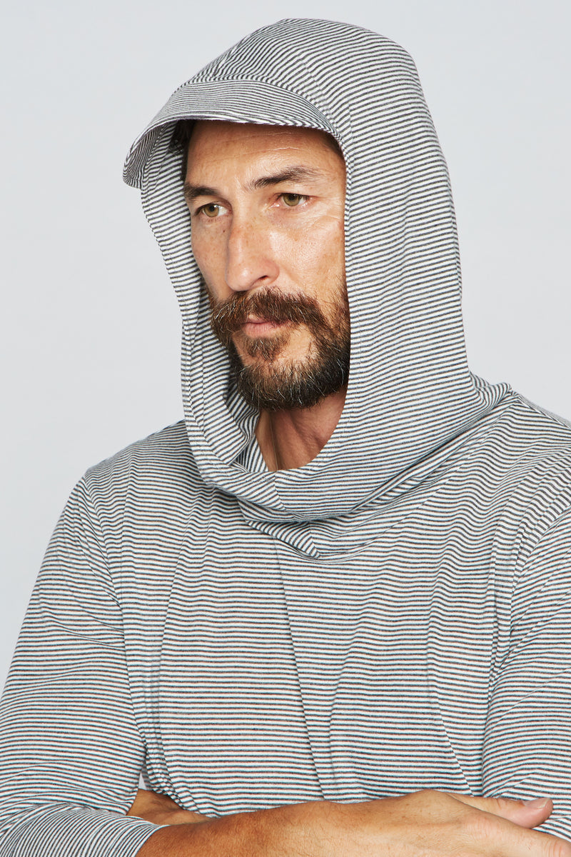 Men's 3/4 Sleeve Cowl Neck Visor Hoodie - Grey & White Stripe